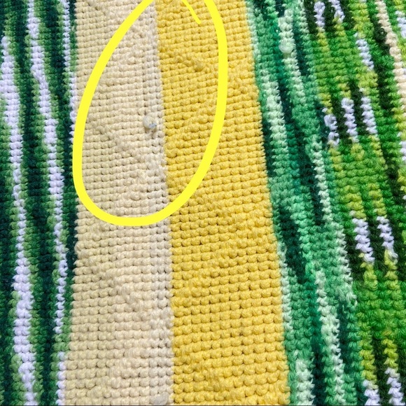 Vintage Handmade Crocheted Yellow, Green & White Striped Blanket With Fringe - Picture 8 of 9